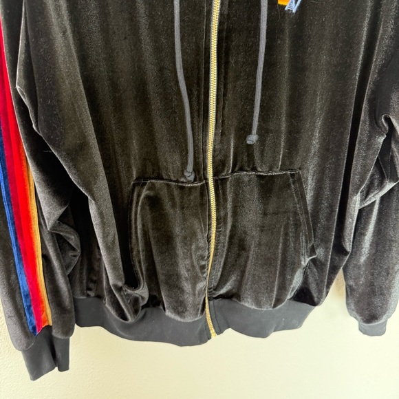 Aviator Nation Black Velour Hoodie Zip Front Sweatshirt Striped Sleeve Medium - Picture 4 of 14